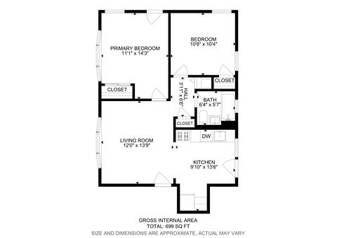 Floor plan for 2 beds, 1 bath, 650 sqft